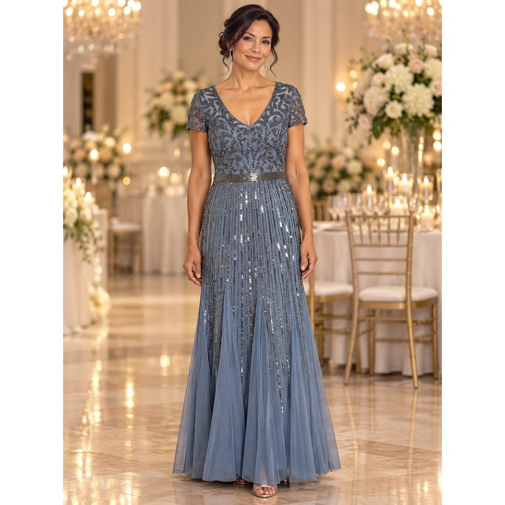 Adrianna Papell Sequin Beaded Gown Dusty Blue V-Neck Formal Dress Evening Maxi